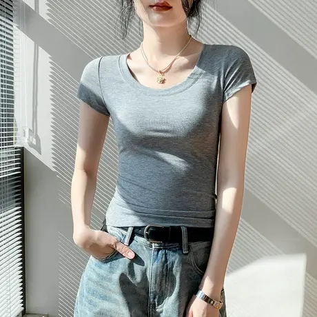 莱赛尔圆领纯色短袖T恤女2025春季新款ins透气修身显瘦内搭打底衫图片