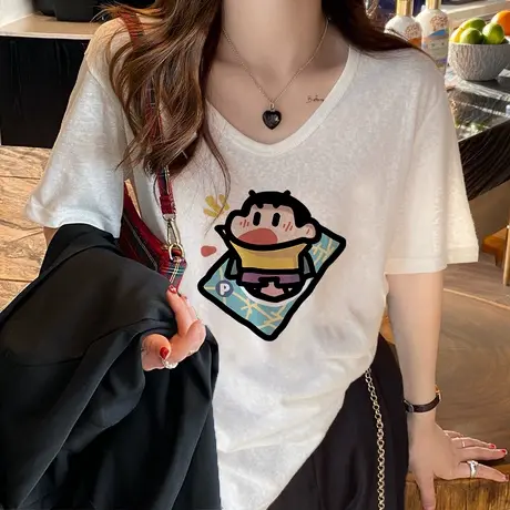 美式独特大码正肩v领短袖t恤女慵懒风胖mm遮肚超火减龄上衣ins潮商品大图