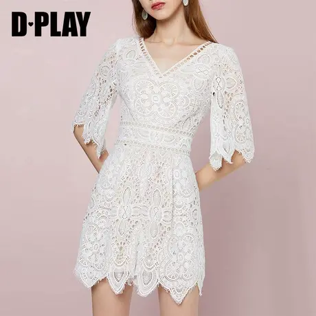 DPLAY德帕拉夏新品欧美纯色V领中袖修身显瘦蕾丝连体短裤商品大图