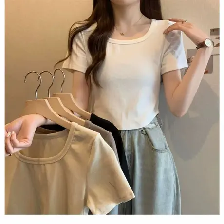 法式方领正肩显瘦白色短袖女夏季纯欲甜辣不规则下摆t恤内搭上衣商品大图