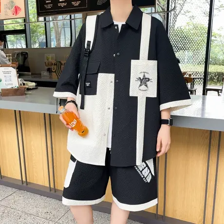 夏季男士短袖衬衫短裤两件套时尚潮流青少年拼接撞色休闲运动套装商品大图