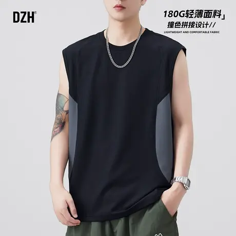 青少年黑色撞色运动背心男款夏季无袖t恤砍袖上衣2025新款男装潮图片