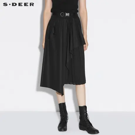 sdeer圣迪奥女装时尚腰带不规则百褶裙拼接黑色雪纺长裙S21261106商品大图
