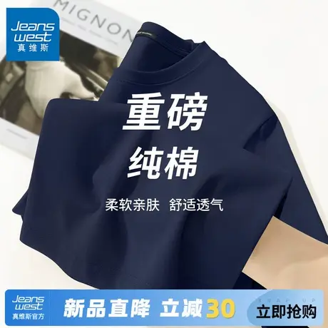 GV真维斯重磅纯棉男t恤秋季圆领藏青色休闲运动上衣小众高级男装C图片