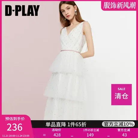 DPLAYDPLAY欧美收腰V领波点白色无袖连衣裙商品大图