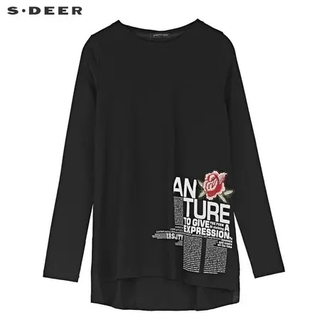 sdeer圣迪奥2019秋女休闲圆领字母开衩下摆长袖T恤S19180204图片