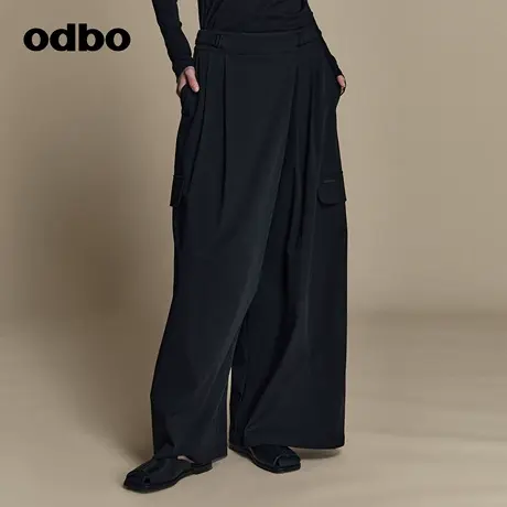 odbo 工装风潮牌阔腿裤女春装新款松紧腰带黑色显瘦休闲裤子商品大图