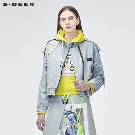 sdeer圣迪奥女装字母印胶飘带装饰破洞牛仔卫衣两件套S19182208图片