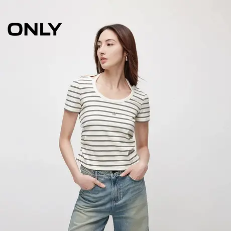 ONLY奥莱夏季休闲简约修身挂脖条纹正肩短袖T恤女图片
