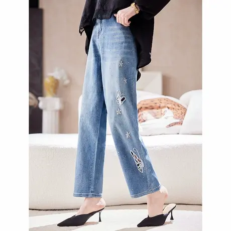 宝诗黎刺绣镂空烫钻大码牛仔裤夏季洋气百搭宽松遮肉休闲阔腿裤女商品大图