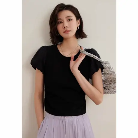弥古法式黑色短袖泡泡袖上衣女夏季薄款高级感收腰小众不撞款t恤图片