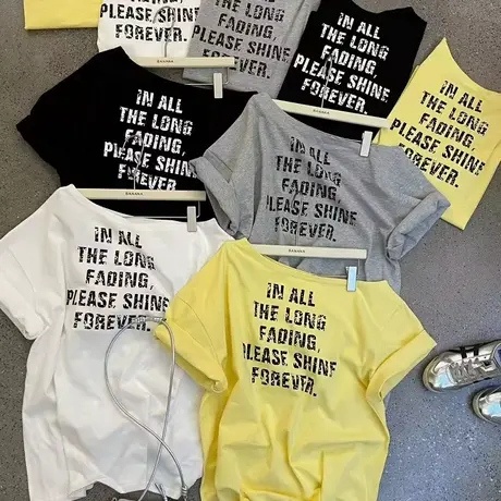 韩国东大门夏季新款韩版时尚字母印花斜肩宽松休闲百搭短袖t恤女商品大图