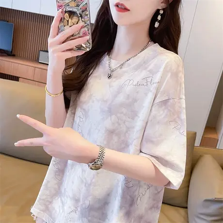 渐变色扎染短袖t恤女夏装2024新款韩版宽松大码纯棉小个子上衣服商品大图