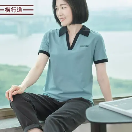 拼色翻领印花短袖t恤打底衫英文字母上衣2025夏装新款韩版体恤女商品大图