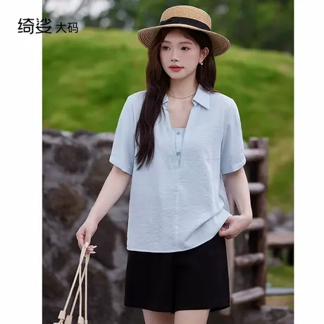 2025夏装新款气质V领宽松直筒遮肉百搭经典不过时短袖衬衫商品大图