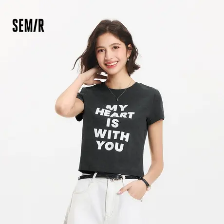 森马短袖T恤女短款修身蜡染复古潮流夏季经典时尚字母上衣小个子图片