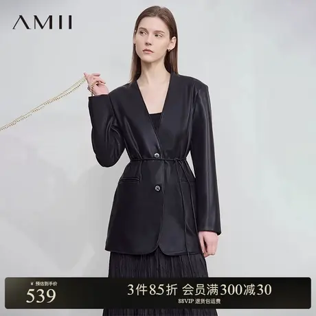 Amii【极简风】极简风高雅脱俗V领中长款款西装PU皮衣外套女商品大图