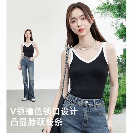 KWV真维斯吊带背心女可外穿V领撞色内搭夏黑白色2025新款无袖上衣商品大图