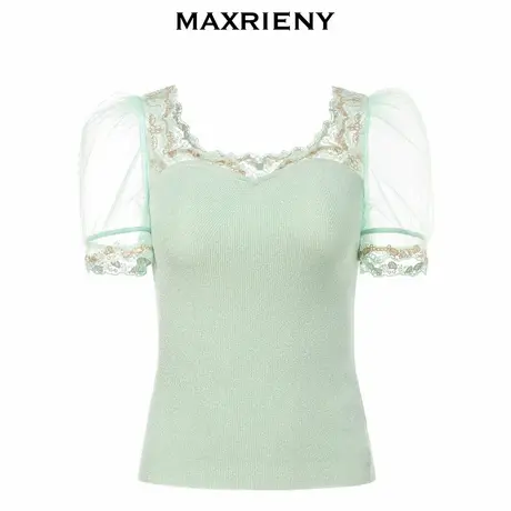 【奥莱】MAXRIENY夏季套头泡泡袖上衣女浅绿色淑女风针织衫女薄款商品大图