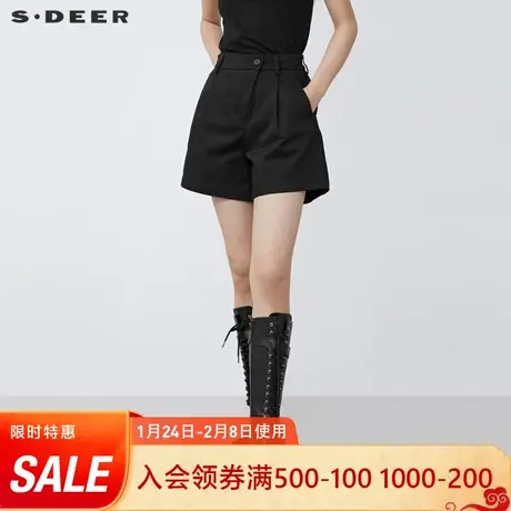 sdeer圣迪奥2021秋冬新品松紧拼接插袋黑色A字短裤靴裤S21460904👠商品大图