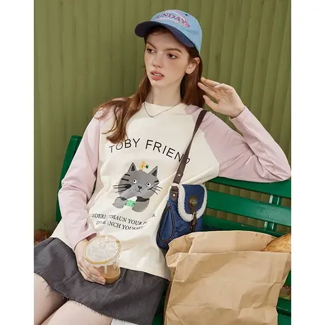 a022025春季新款设计感小众休闲插肩袖长袖上衣拼接撞色女式T恤商品大图