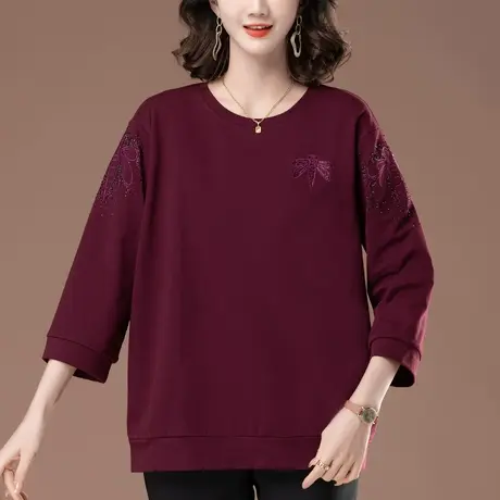 七分袖T恤女春夏装宽松加肥加大码女装中年妈妈纯棉休闲半袖上衣商品大图