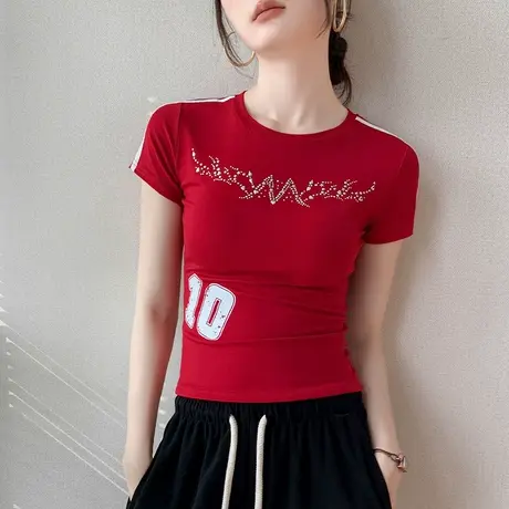 美式复古风短袖T恤女2025春季新款正肩烫钻别致掐腰显瘦热辣上衣图片