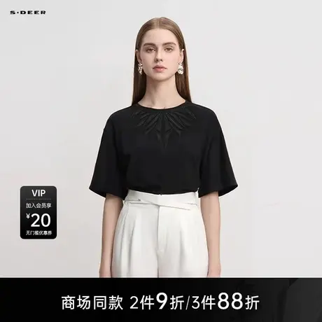【商场同款】sdeer圣迪奥女时尚圆领不规则网纱短袖T恤S25280133图片