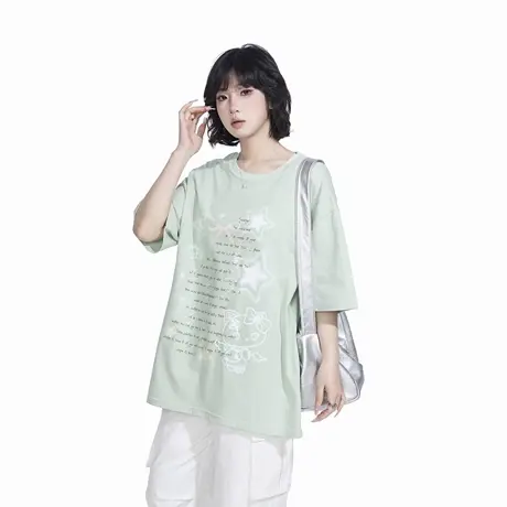 YEP复古小清新薄荷绿短袖t恤女春夏新款印花潮牌半袖宽松街头上衣图片