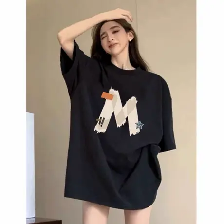 美式高街黑色纯棉短袖t恤女2025新款夏季宽松小众显白多巴胺上衣图片