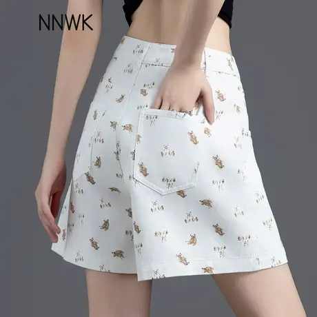 小熊印花a字牛仔短裤女夏季薄款2025新款小个子高腰宽松阔腿热裤商品大图