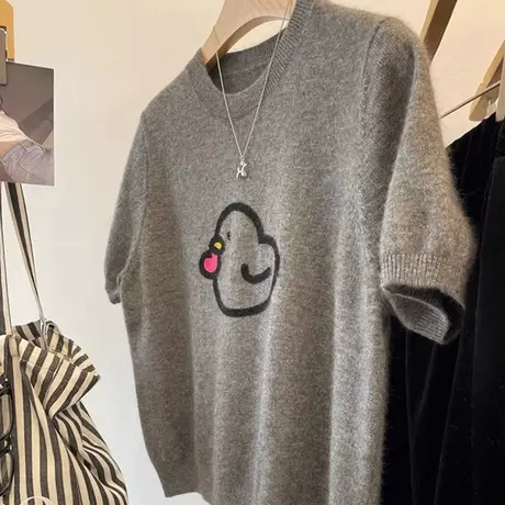 独特别致卡通短袖t恤女2025新款韩系宽松休闲针织衫内搭打底上衣图片