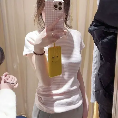 chic甜辣条纹短袖T恤女夏季韩版修身内搭外穿打底衫粉色半袖上衣商品大图