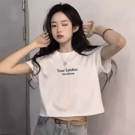 白色正肩短款t恤女夏季短袖2025新款爆款修身设计感小众百搭小衫商品大图