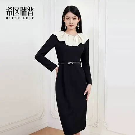 希区瑞普法式收腰花瓣领春通勤职业装荷叶领修身显瘦女连衣裙商品大图