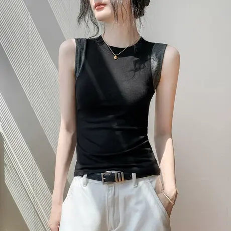 圆领拼色无袖上衣女2025秋季新款内搭修身打底衫高级气质运动背心图片