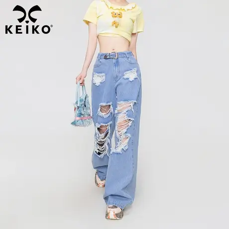 设计感蓝色破洞牛仔裤女2023夏季街头做旧磨破烂宽松直筒拖地长裤商品大图