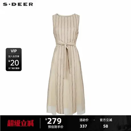 sdeer圣迪奥女装秋圆领条纹网纱收腰无袖连衣裙S24181208图片