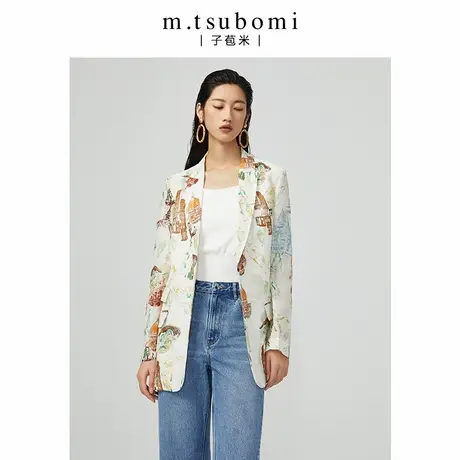子苞米印花休闲长袖西装外套女2023春新款通勤丝麻浅色设计感西服商品大图