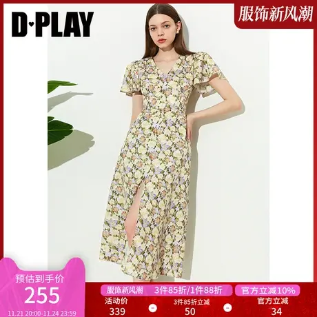 DPLAY法式优雅紫调黄花V领高腰开衩度假风印花连衣裙野餐裙商品大图