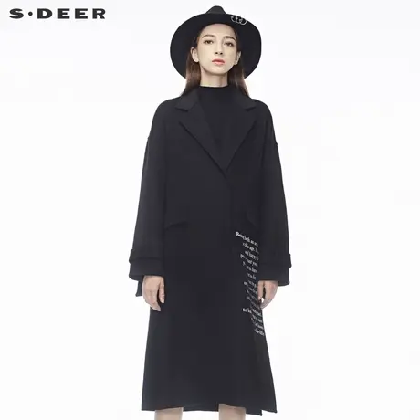 sdeer圣迪奥酷感撞色英文字母开衩下摆袖袢平驳领大衣S18481823图片