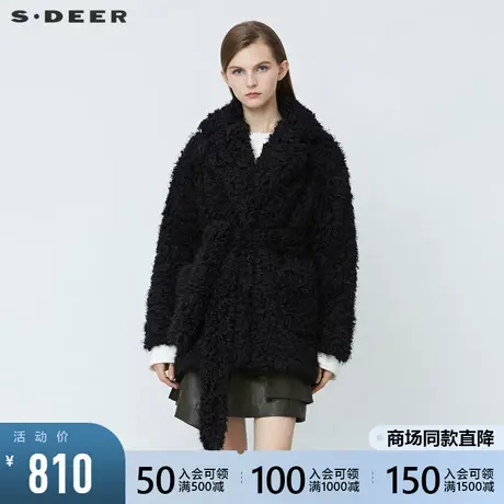 sdeer圣迪奥2021冬新品休闲翻领收腰羊羔绒黑色外套上衣S21482227图片
