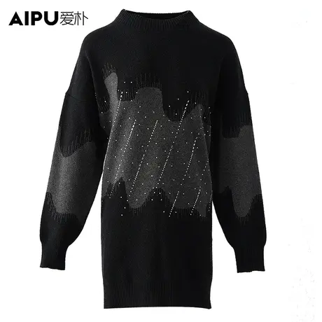 爱朴胖mm减龄遮肚子大码女装针织衫休闲中长款毛织烫钻拼接上衣女图片