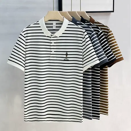 高级感条纹POLO衫男短袖冰丝商务休闲男装上衣服男士翻领t恤夏季商品大图