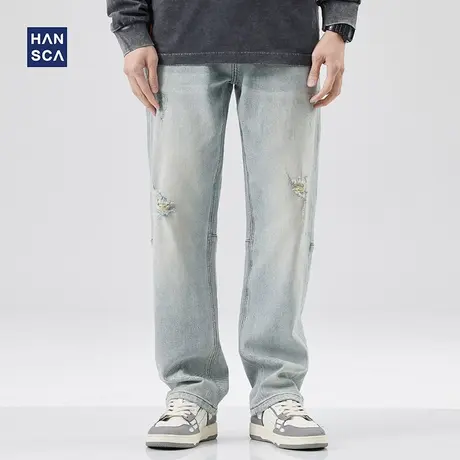hansca破洞牛仔裤男春季美式高街复古水洗休闲直筒阔腿拖地长裤子商品大图