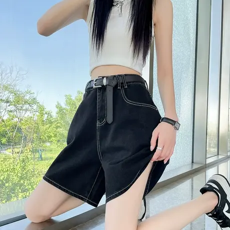 黑色明线五分牛仔短裤女2025夏季薄款高腰显瘦宽松遮胯小个子中裤商品大图
