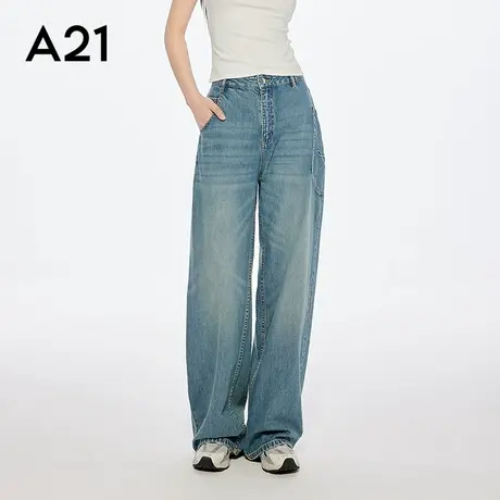 A21女装中蓝色高腰牛仔裤休闲直筒裤侧口袋长裤复古宽松商品大图