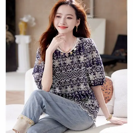 宝诗黎泡泡袖刺绣镂空衬衫女2025夏季韩系洋气休闲棉质短袖衬衣图片
