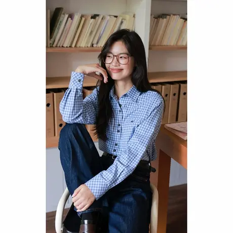 弥古蓝色格子正肩纯棉衬衫女上衣高级感通勤女装春季叠穿内搭衬衣图片