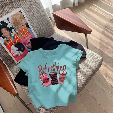 多巴胺辣妹小个子短款修身美式复古正肩印花短袖T恤女设计感上衣商品大图